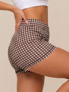 Women's High Waist Plaid Fitness Training Running Shorts, Brown Drawstring Yoga Sports Cycling Shorts - Coffee Brown - View 7
