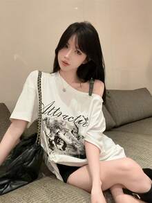 American Style Graphic Print Asymmetrical Shoulder Short Sleeve T-Shirt, Sexy Loose Unique Chic Top For Women, Summer White - White - View 5