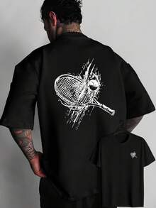 Camiseta casual para hombre con motivos de raquetas de tenis en la parte delantera y trasera, una camiseta de manga corta moderna y versátil que resalta un cultural único, adecuada p - Negro - Ver 1