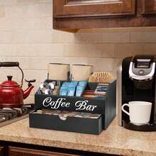 Coffee Bar Organizer With Drawer, Capsule Holder, And Storage Baskets A Countertop Coffee Station Organizer That Serves As A Storage Solution For Both Coffee Capsules And Tea Bags, Featuring A Rustic-Style Design Perfect For Bar Counter Decor. - View 5