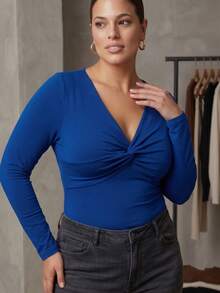 Bodysuit With Wrap Detail, Deep Neckline, And Long Sleeves. Front Detail: Deep Neckline. - Azul - Ver 2