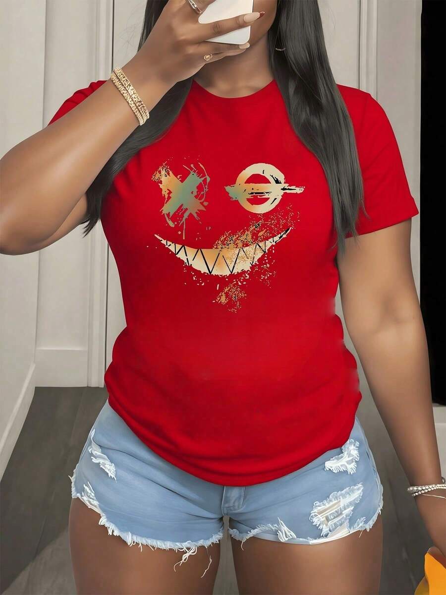 Abstract Face With A Cheerful Expression Symbolizing Optimism And Youthful Energy With Golden Brushstrokes On A White Background. Women's 100% Cotton T-Shirt, Comfortable And Modern For Everyday Wear. Eve - 紅色 - 查看 1