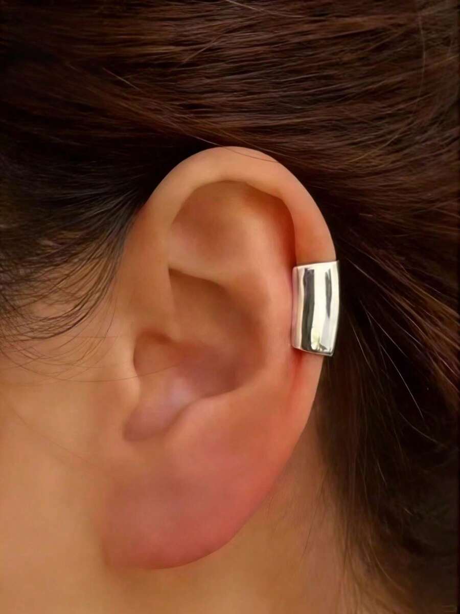 1 pieza Pendiente de oreja geométrico dorado de moda minimalista, accesorio de pendiente de oreja individual, estilo simple, adecuado para el uso diario de las mujeres - Plateado - Ver 1
