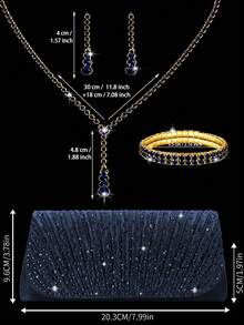 Bolsa Clutch de Noite com Strass Cintilante, Bolsa de Ombro Elegante para Mulheres, Bolsa de Casamento Luxuosa para Noivas, Acompanhada de Colar com Pingente de Strass Cintilante, Brincos, Pulseira, Acompanhada de Vestido de Casamento Cintilante, Vestido de Lantejoulas Brilhante, Adequado para Festas, Bailes, Reuniões, Casamentos - Azul Marinho - Visão 3