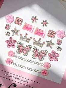 Hiasan Sepatu Bakiak Bergaya Manis dan Keren Warna Pink dengan Rhinestone, Set Bunga Sepatu Resin Paduan Mawar Permen Mahkota Kupu-kupu, Kompatibel dengan Sepatu Bakiak - Berwarna merah muda - View 8