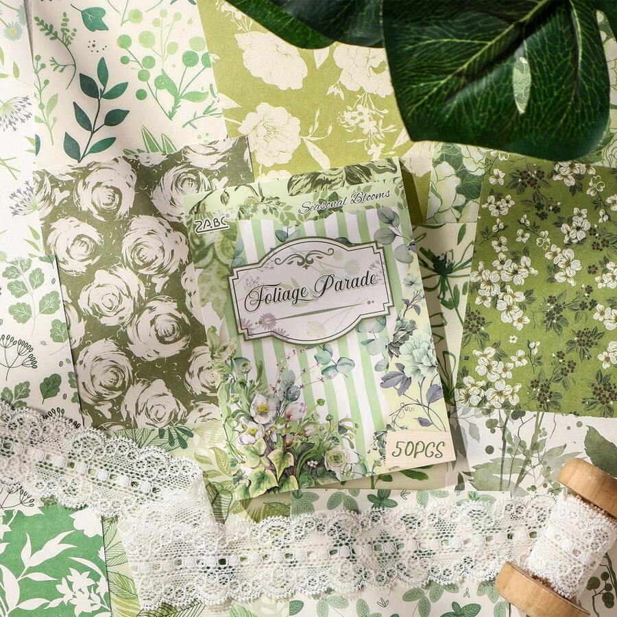 1 Pack 50 Sheets Fresh Floral Theme Scrapbook Material Paper, Vintage DIY Decorative Non-Adhesive Material Paper, Holiday Gift, Handmade Collage Material, Personalized Scrapbook Planning Creative School Stationery Supplies - Seasonal Flower Messages - View 1