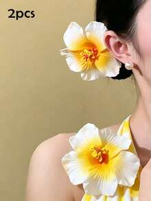 10/2pcs Yellow Hibiscus Hair Clips, Women's Beach Vacation Photo Hair Accessories, Side Hair Clips, Suitable For Daily Wear - Yellow - View 5