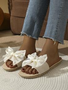 Sandal Linen Musim Semi/Panas untuk Wanita, Gaya Feminin Segar dengan Pita Renda, Menyerap Keringat, Bernapas, Ringan, Sandal Selop untuk Dipakai di Dalam/Luar Rumah - putih murni - View 6