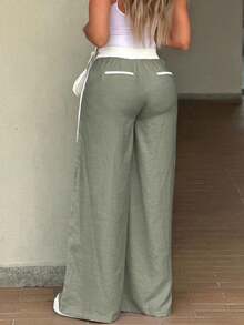 Vaiaye Women's Spring/Summer Colorblock High-Waist Wide-Leg Pants - Casual Linen Blend Long Pants, Suitable For Daily Casual & Office Business - Green - View 2