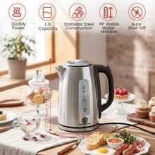 SUPERLEX 1.7L Electric Tea Kettle With Visual Water Level Display, 3000W Fast Boiling Water, Auto Shutoff On Low Water & Dry Boil Protection. Stainless Steel Kettle Body With Anti-Scald Design, Great For Coffee And Tea. - UK Plug(220-240V) - View 3