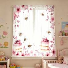 2pcs Watercolor Cherry Blossom & Cake Sheer Curtains-Adorned With Cherry Blossom, Cake, And Bee Motifs; Light-Filtering With 2D Flat Printing; Suitable For Bedrooms, Living Rooms, Dining Rooms, And Kitchens. - Multicolor - 2pcs - View 7