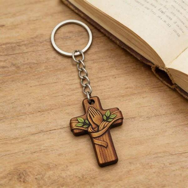 5Pcs Natural Olive Wood Cross Keychain Set, Handcrafted Christian Charms With Organza Pouches & Thank You Tags, Classic Religious Keepsakes, Ideal Favors For Baptism, Communion, Church Events & Holiday Gifts