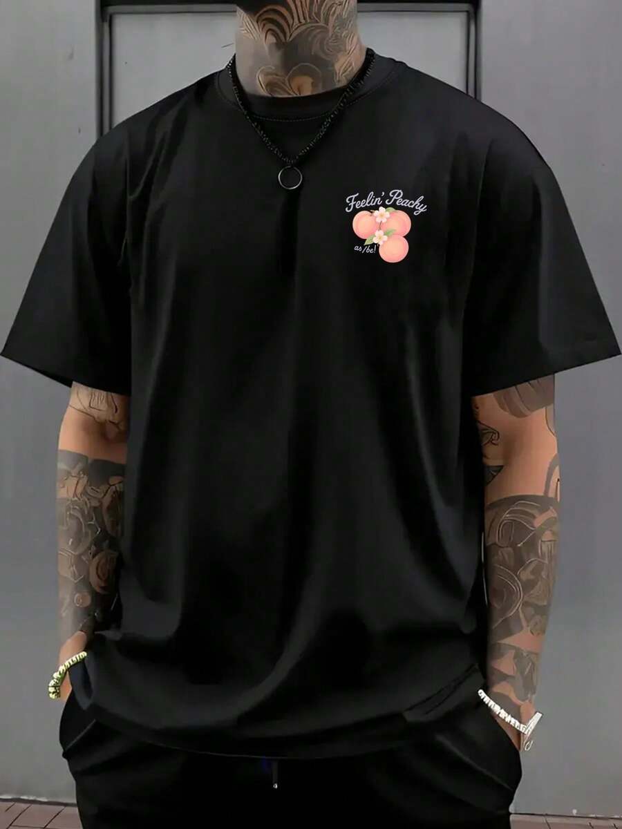 Camiseta de hombre con hombros caídos, color melocotón, muy cómoda, con diseño de doble cara, corte holgado, ropa de hombre de estilo moderno, imprescindible para los hombres, moderna y a la - Negro - Ver 1