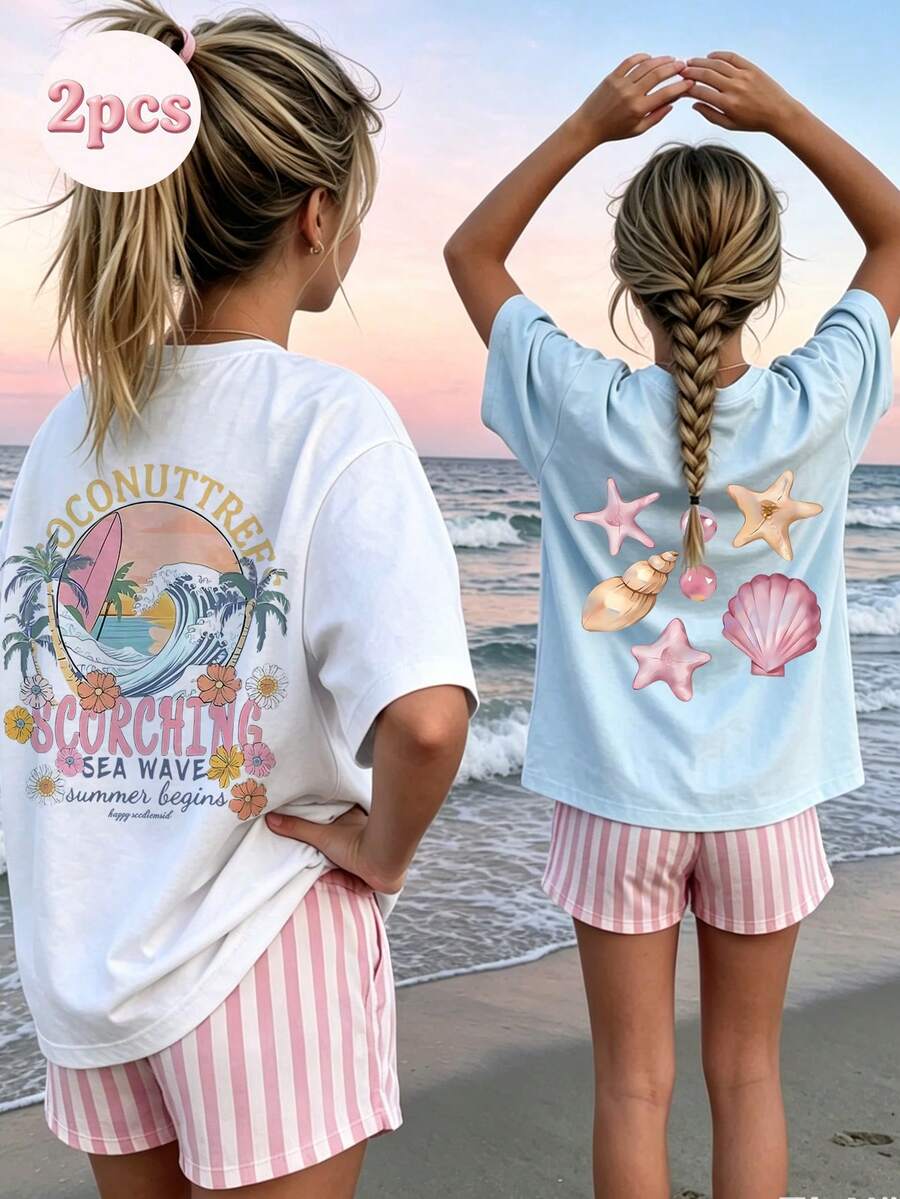 Set de 2 camisetas de manga corta con estampado de conchas y olas tropicales para niñas preadolescentes, de verano, a juego, de amistad - Multicolor - Ver 1
