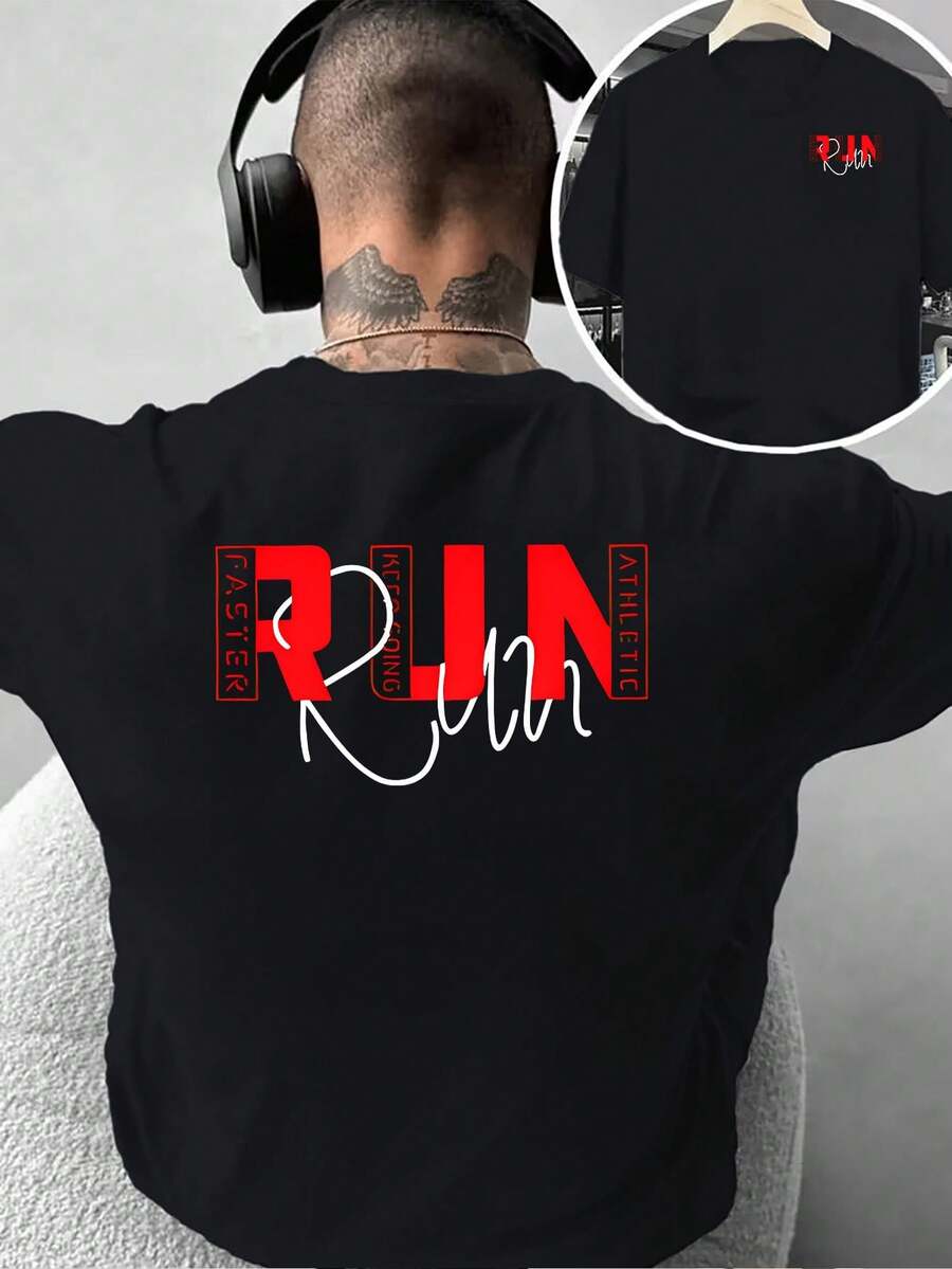 Men's Fashion T-Shirt With Creative Double-Sided Print Design, Urban Style RUN Text Print T-Shirt, Simple And Unique, Versatile Style, Suitable For Casual Wear - Black - View 1