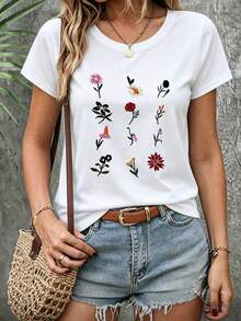 K, Local Spring/Summer Urban Fashion. Women's Blouses, Women's T-Shirts. 180g (S-XXXL) Women's Oversized T-Shirt "Poppy Flowers" - Dark Gray With Vintage Floral Print And Inspirational Phrase - 白色-3 - 查看 1