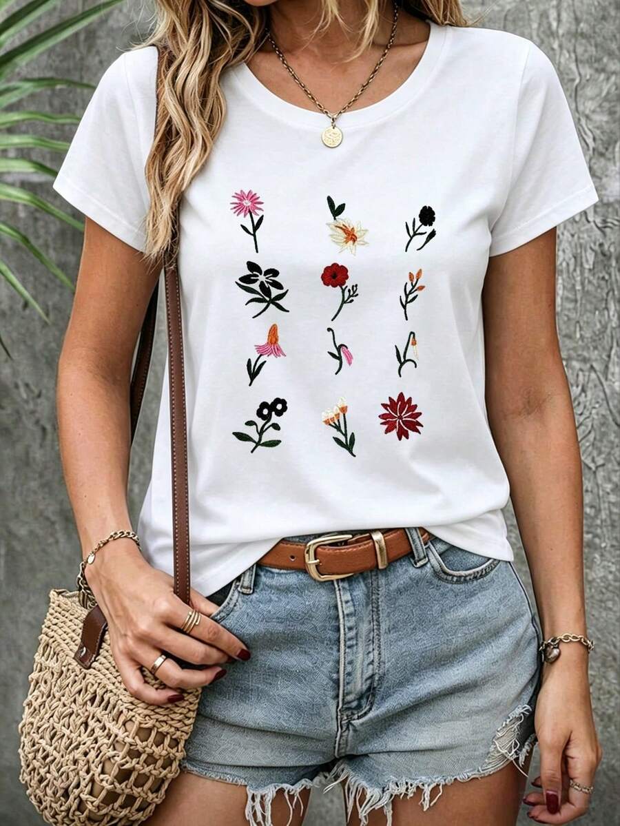 K, Local Spring/Summer Urban Fashion. Women's Blouses, Women's T-Shirts. 180g (S-XXXL) Women's Oversized T-Shirt "Poppy Flowers" - Dark Gray With Vintage Floral Print And Inspirational Phrase - 白色-3 - 查看 1