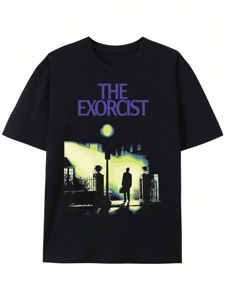 Camiseta gráfica casual para hombres - Diseño de la película El Exorcista, cuello redondo negro, tejido de punto cómodo, perfecta para atuendo casua - Negro - Ver 1