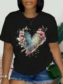 2026 Women's Clothing Women's Casual Heart Floral Print T-Shirt - Short Sleeve Stretch Crew Neck Top, Machine Washable, Comfortable Fit For All Seasons, I - 黑色 - 查看 1