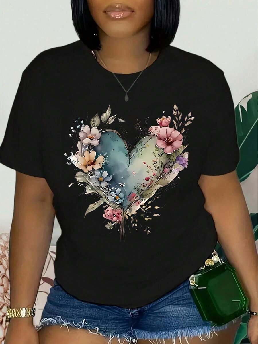 2026 Women's Clothing Women's Casual Heart Floral Print T-Shirt - Short Sleeve Stretch Crew Neck Top, Machine Washable, Comfortable Fit For All Seasons, I - 黑色 - 查看 1