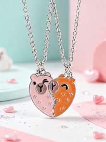 2 Pcs/Set Capybara Best Friends Pendant Necklace For Friends For School Lover Popular Geometry Adjustable Double Chain Couple Necklace Jewelry Gifts - one-size - View 4