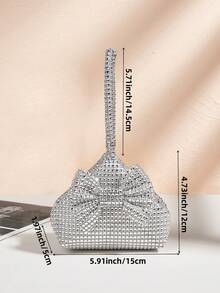 Mini bolso de mano con lazo y decoración de diamantes de imitación, elegante bolso de noche tipo clutch para vestidos formales - Plateado - Ver 7