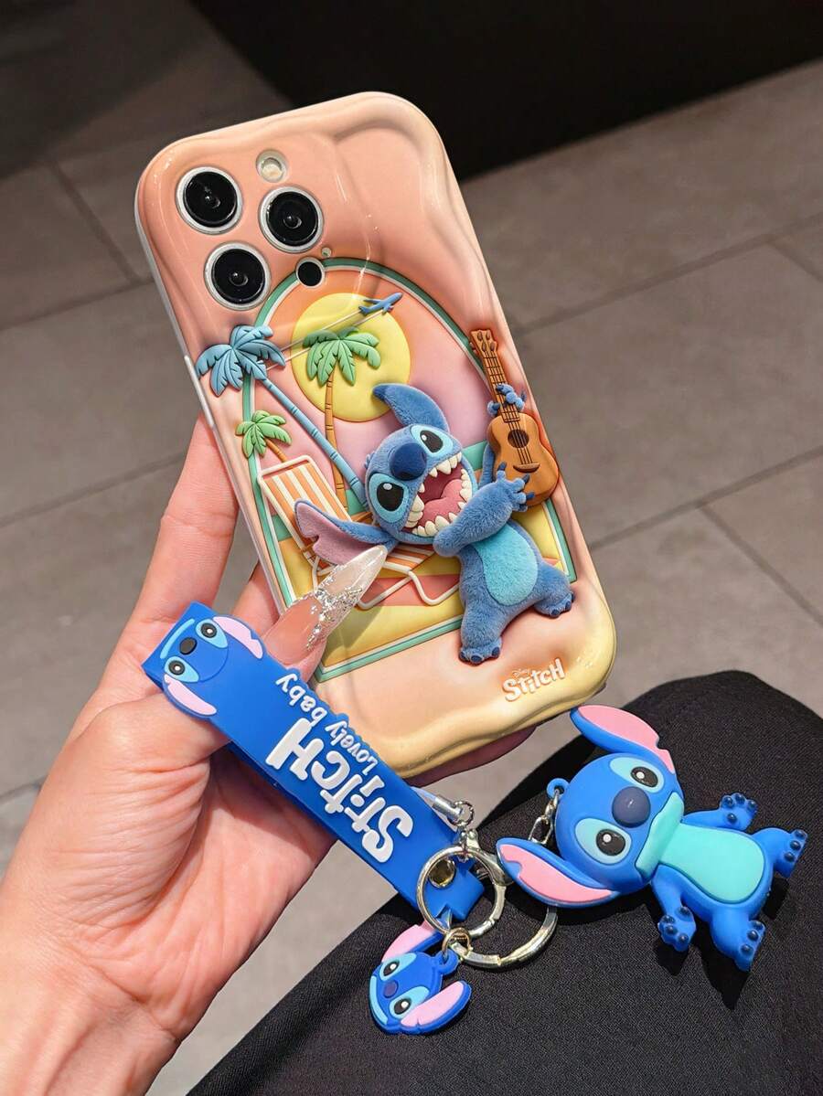 Disney Has Authorized, Phone Case - Chain Set, The Stitch Lilo & Stitch 3D Phone Case Plus A Silicone 3D Stitch Bracelet With Metallic Ring Removable Bracelet, Stitch And Angel Pattern, Compatible With Iphone17/16/15/14/13/12/11/XS/XR/X Plus Pro Max, A Stylish Cartoon Phone Case, The Perfect Gift Choice, Phone Protection, Durable Phone Cover, Great Gift For Friends And Family. - 白色 - 查看 1