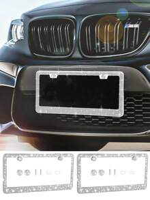 2pcs/1pc Shiny Rhinestone License Plate Frame - Sparkling Crystal Inlaid Stainless Steel, Shiny Screw Caps, Long-Lasting Shine, Unobstructed Design, Fashionable Diamond Car Accessories, Unisex - Style a - View 3
