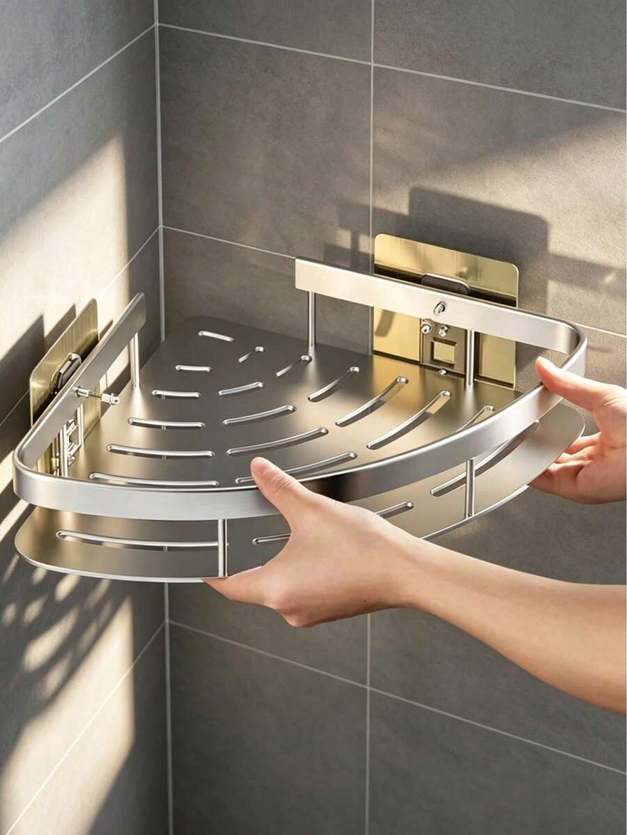 2pcs Space Aluminum No-Drill Corner Shelf, Kitchen Bathroom Wall-Mounted Spice Rack, Multi-Layer Corner Storage Organizer - Silver - View 1