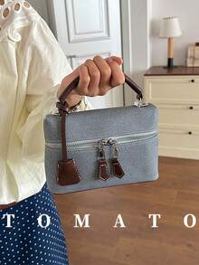 1 pieza Bolso cuadrado pequeño de mano con bloques de color, bolso de caja de moda, tela de PU, bolso bandolera cuadrado, bolso de uso diario, bolso de almacenamiento para teléfono y lápiz labial, adecuado para mujeres, estudiantes universitarias, oficina, universidad, trabajo, negocios, transporte, ir al trabajo, viajes - Azul - Ver 1