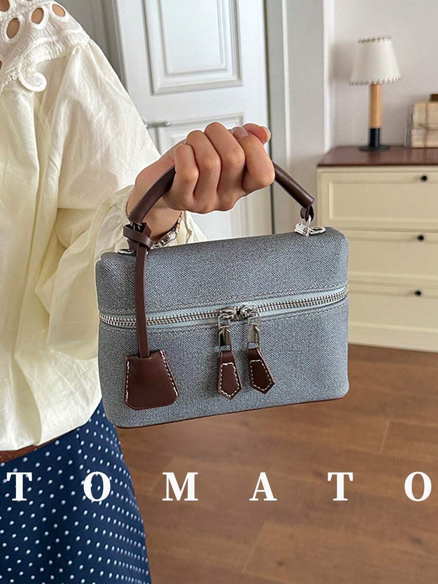 1 pieza Bolso cuadrado pequeño de mano con bloques de color, bolso de caja de moda, tela de PU, bolso bandolera cuadrado, bolso de uso diario, bolso de almacenamiento para teléfono y lápiz labial, adecuado para mujeres, estudiantes universitarias, oficina, universidad, trabajo, negocios, transporte, ir al trabajo, viajes - Azul - Ver 1