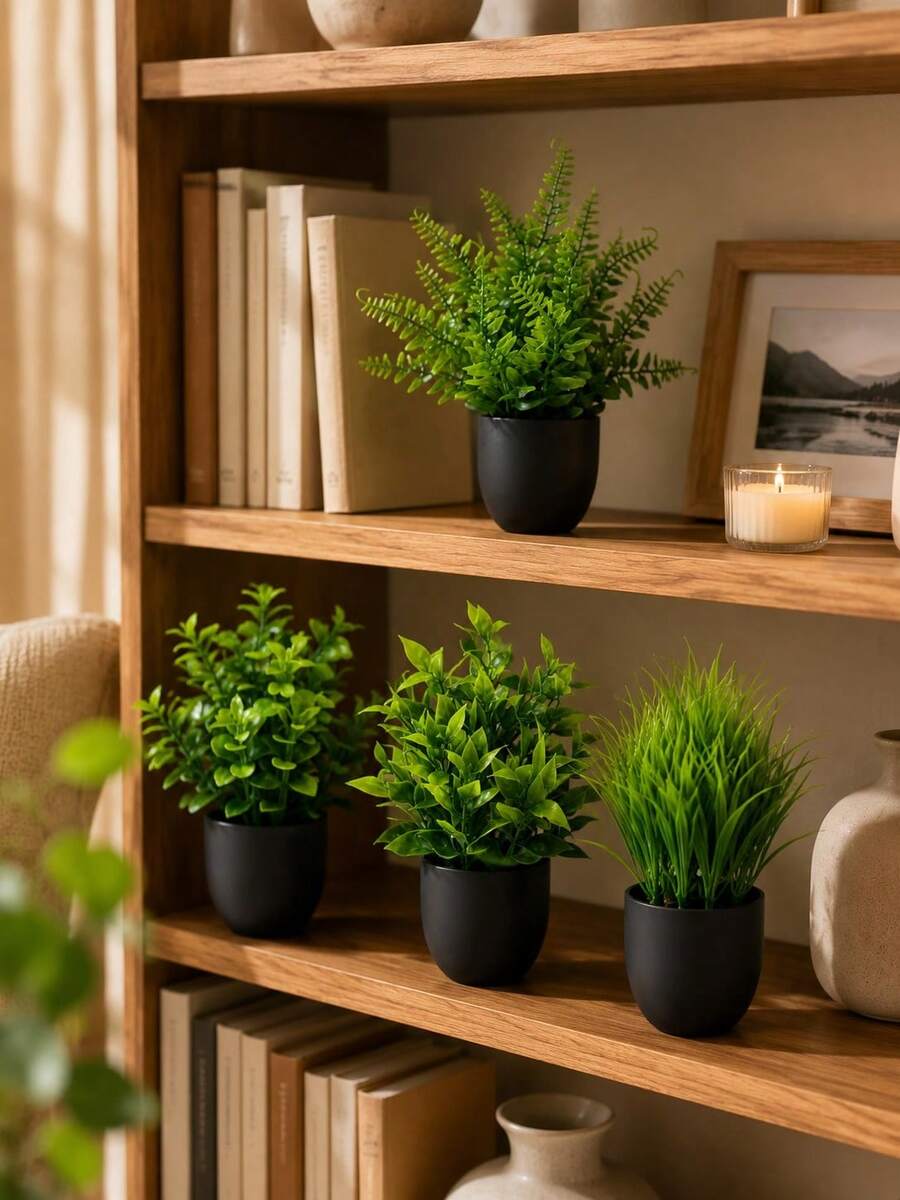 Artificial Mini Potted Green Plant With Faux Leaves And Black Pot; Maintenance-Free No Watering Required, Suitable As Small Decorative Ornament For Indoor Home Environment, Including Desk, Storage Shelf, Kitchen And Bedroom - Multicolor - View 1