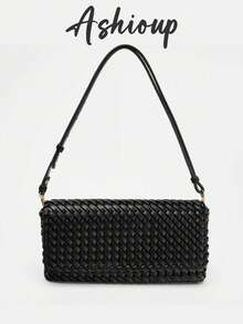 Bolso de mano tejido con diseño de solapa y bandolera cruzada, minimalista y versátil - Negro - Ver 1