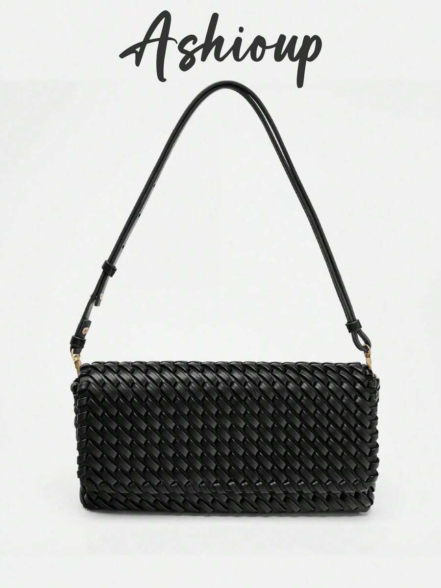 Bolso de mano tejido con diseño de solapa y bandolera cruzada, minimalista y versátil - Negro - Ver 1