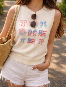 Off-White Rundhals Strickweste Damen Frühling Herbst Neu Schleifen Muster Ärmelloser Pullover Weste Layering Top Damen Sommer Weltmeisterschaft Amerikanische Flagge Muster - Weiss - Übersicht 4