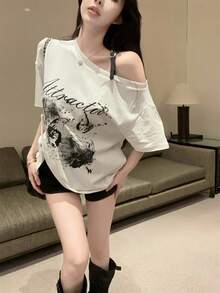 American Style Graphic Print Asymmetrical Shoulder Short Sleeve T-Shirt, Sexy Loose Unique Chic Top For Women, Summer White - White - View 8