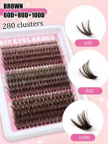 280 Clusters Brown D Curl 60D+80D+100D Mixed Size Large Capacity Segmented Fluffy Soft Lightweight Faux Mink Fur DIY Caramel Color Dense Colorful Eyelashes - 查看 2