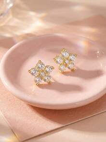 1對精緻美艷優雅輕奢閃亮鋯石裝飾五瓣花耳釘耳環，女童時尚甜美百搭飾品，適合街拍、派對、宴會、約會、典禮、校園、度假、戶外公園、露營、購物、日常穿搭，兒童生日禮物 - 金黃色 - 查看 1
