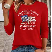 Women's Casual Cotton Red 250th USA Anniversary Flag Print Short Sleeve Round Neck T-Shirt For Patriotic Party Wear - 紅色3 - 查看 8