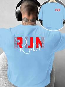 Camiseta de moda para hombre con diseño creativo de estampado a doble cara, camiseta con estampado de texto RUN de estilo urbano, simple y única, de estilo versátil, adecuada para uso casu - Blanco - Ver 7
