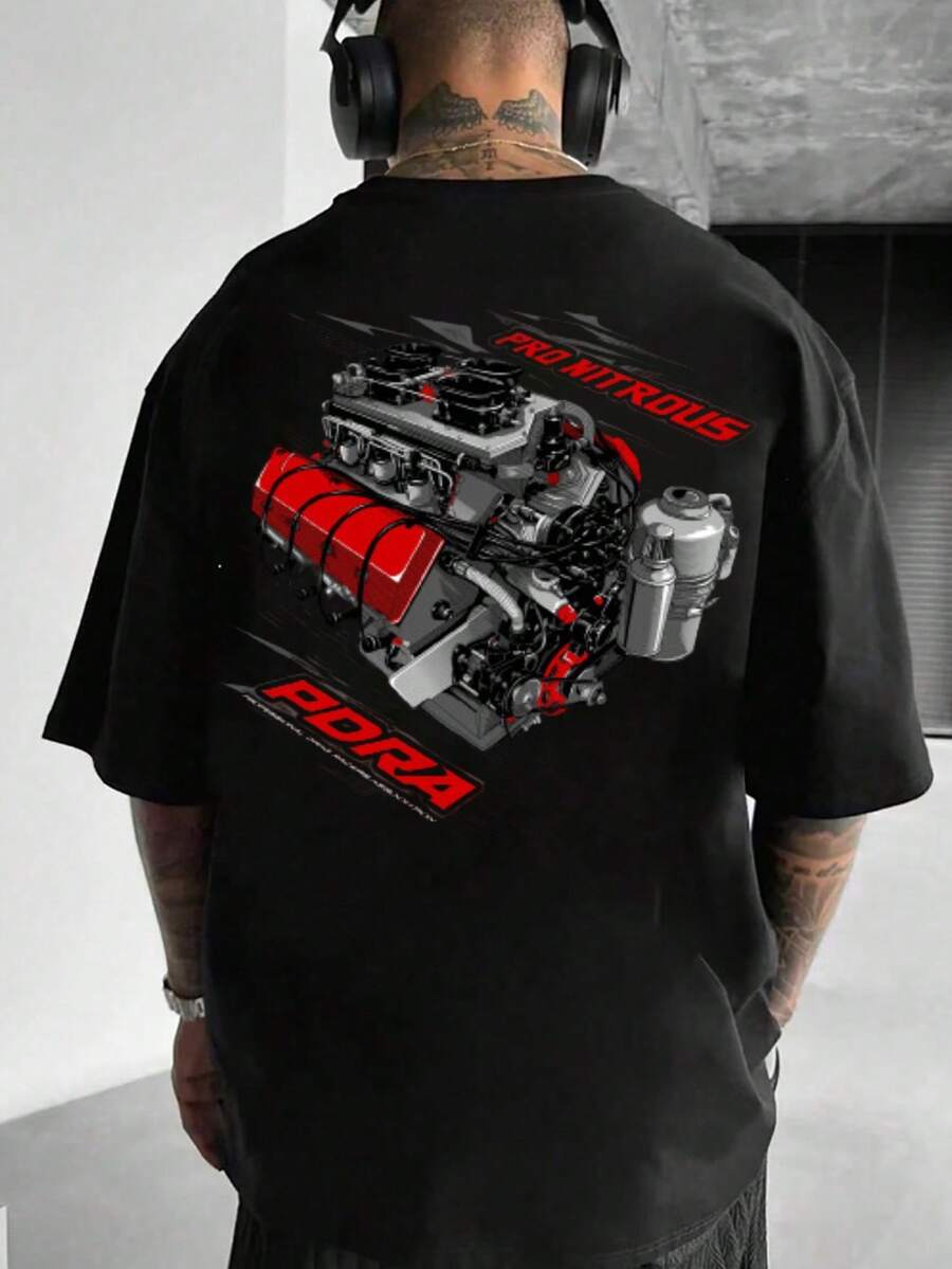 Camiseta para Hombre con Estampado de Automotriz y Diseño de Motor Nitro Profesional | Tela% de algodón | Camiseta divertida de cuello redondo, suave y transpirable. | - Negro - Ver 1