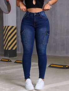 Pantalones de mezclilla skinny cargo, lavado gris oscuro, elásticos, con múltiples bolsillos, efecto levantador de glúteos, puños ajustados - Azul lavado oscuro - Ver 1