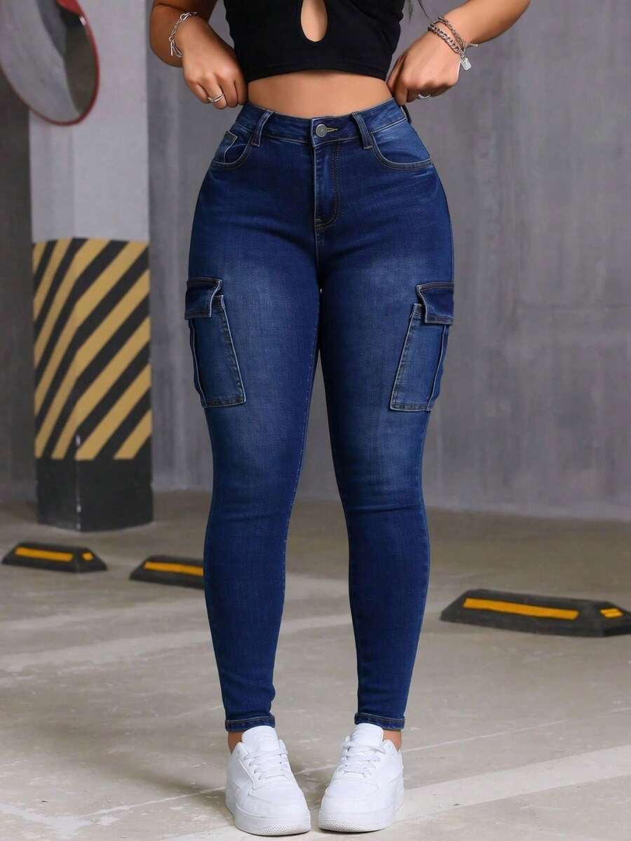 Pantalones de mezclilla skinny cargo, lavado gris oscuro, elásticos, con múltiples bolsillos, efecto levantador de glúteos, puños ajustados - Azul lavado oscuro - Ver 1
