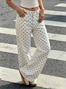 Women's Cute Polka Dot Straight Leg Jeans, Casual Long Pants, Button And Zipper Detail Design, Non-Stretch Fabric - White - View 6