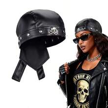 1pc Black PU Leather Metal Skull Pullover Brimless Pirate Hat, Outdoor Riding Motorcycle Cap, Holiday Party Stage Performance Costume Personalized Skull Hat,Halloween - Multicolor - View 7