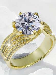 ConiiW A Classic Six-Prong 925 Sterling Silver Round Moissanite Ring, Unisex In European And American Style, Suitable As A Party Gift. - Gold - View 4