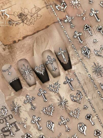 5D Embossed Gothic Metal Nail Stickers, Silver Cross Key & Thorn Heart Self-Adhesive Nail Decals, Gothic, Punk, Y2K & Grunge Style DIY Nail Art Decoration, Suitable For Autumn Home Salon Nail Art & Press-On Nail Accessories, 1 Sheet