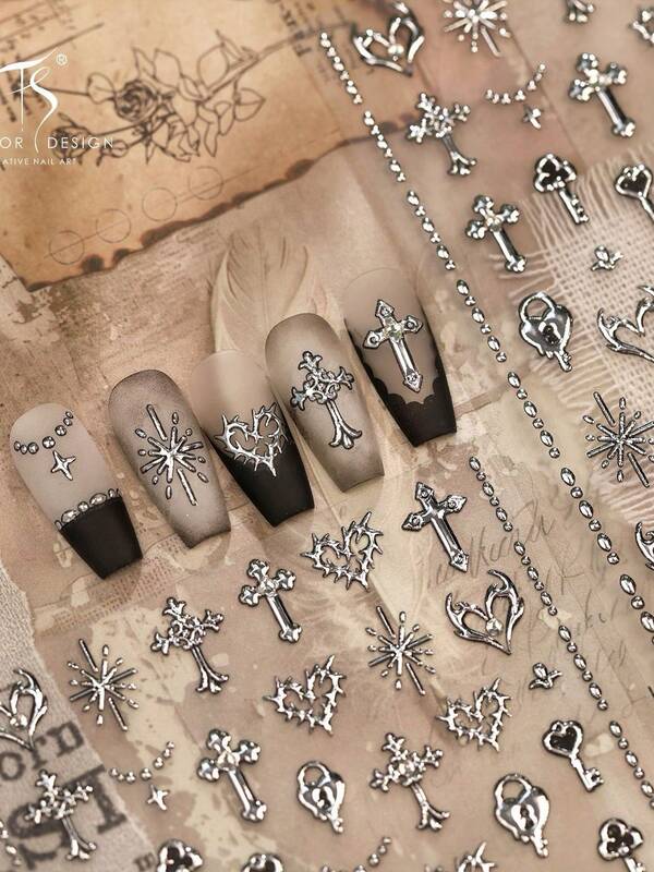 5D Embossed Gothic Style Metal Nail Stickers, Silver Cross Key & Thorn Heart Self-Adhesive Nail Decals, Gothic, Punk, Y2K & Grunge DIY Nail Art Decoration, Suitable For Summer Home Salon Nail Art & Press-On Nail Accessories, 1 Sheet