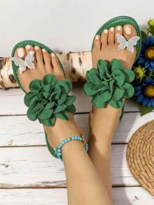 1 Pair Women Green Bohemian Open Toe Flat Slide Sandals 3D Flower Rhinestone Butterfly Slip On Summer New Design - Green - View 4