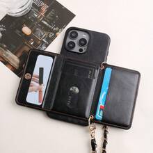 1個極簡時尚牛皮紋理PU皮革斜背鏈條卡夾手機殼，適用於Apple 11 12 13 14 15 16e 17 Pro Max - 黑色 - 查看 2
